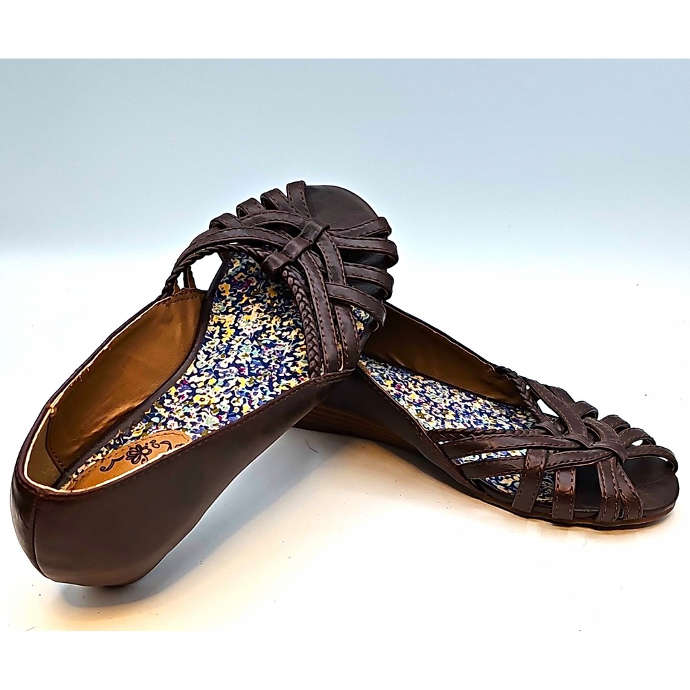 Mudd Brown Open Toe Wedge Slip On Sandals Braided Floral Womens 7M